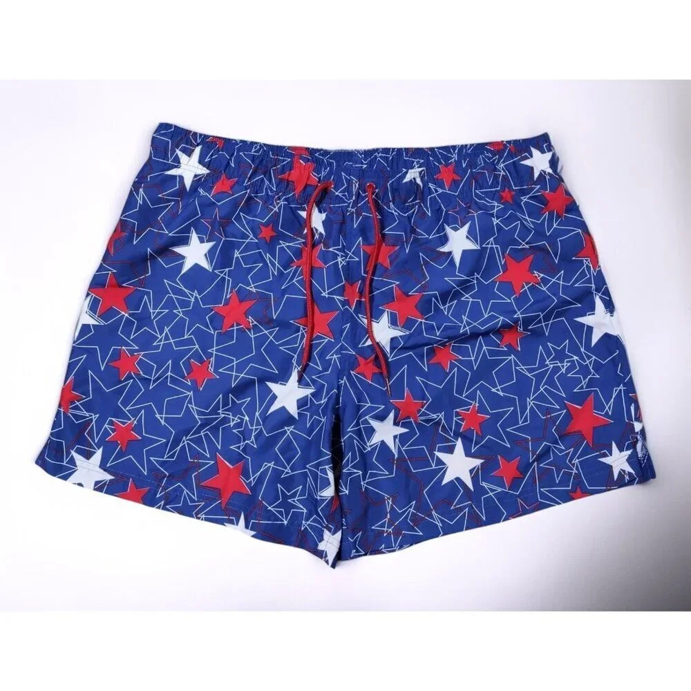 George Mens Swim Shorts Blue Red Star Print Size Large 36-38 Elastic Waist